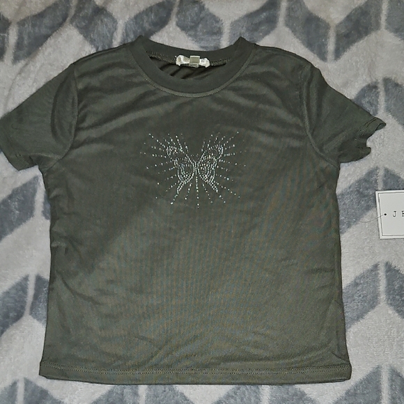 J for Justify Kid Olive Green Butterfly Silver Rhinestone Design T-Shirt L (14) - Picture 1 of 6